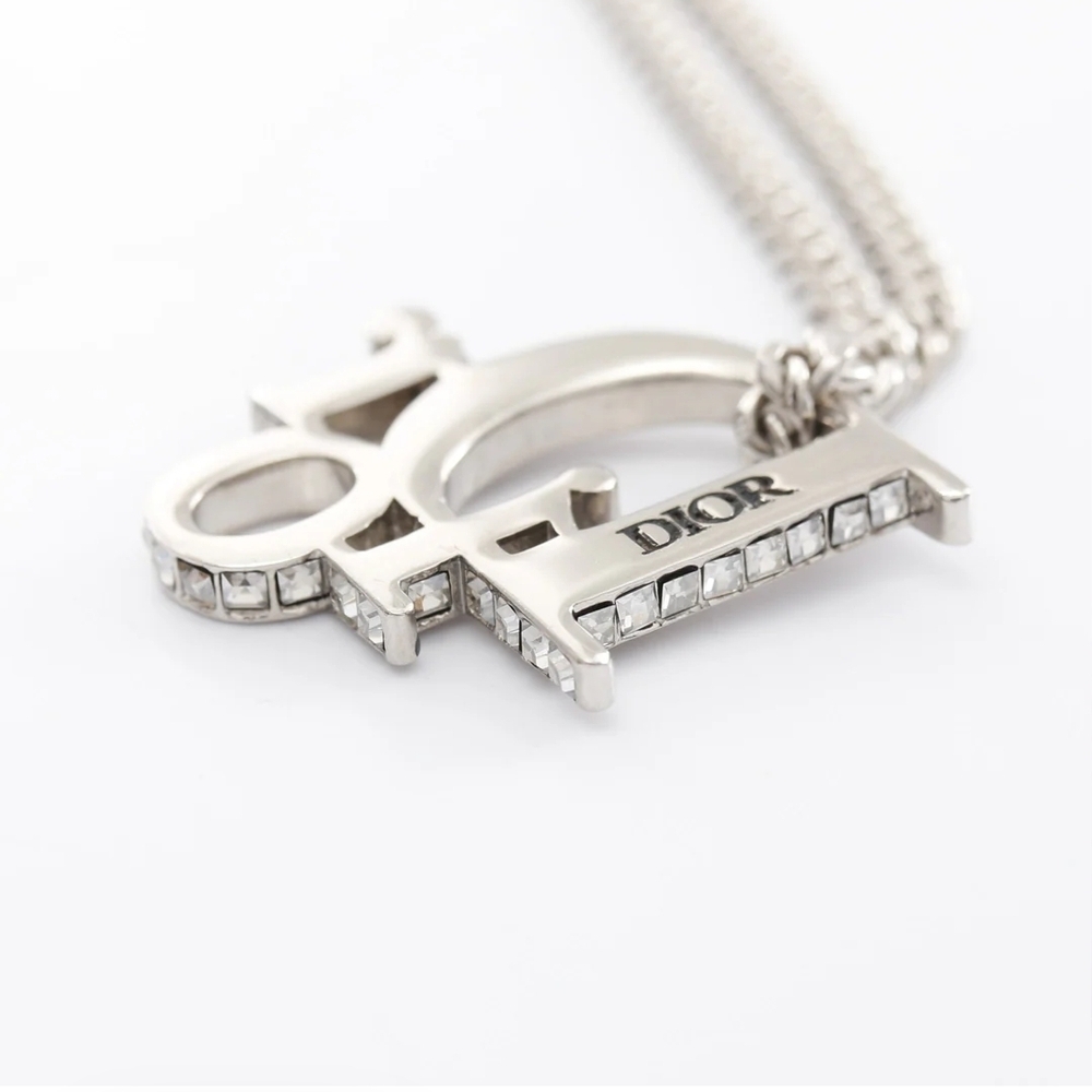 Christian Dior Oblique Pendant Necklace Silver Tone Brass Crystals Y2K Authentic - Picture 5 of 6